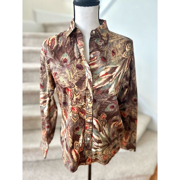 Vintage Ralph Lauren Brown Peacock Feather Print Button Down Shirt - Picture 1 of 7